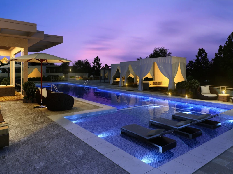 Render of furniture around a swimming pool